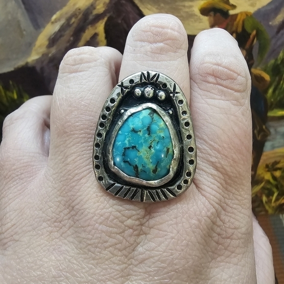 Large Vintage Signed Turquoise Sterling Native American Statement Ring - Picture 2 of 11